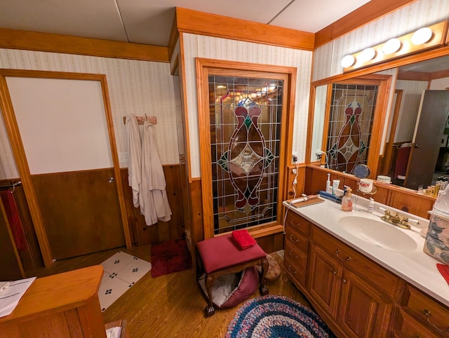 bathroom with hardwood / wood-style floors and vanity