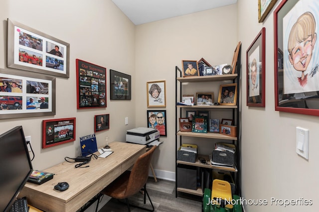 home office featuring dark hardwood / wood-style flooring