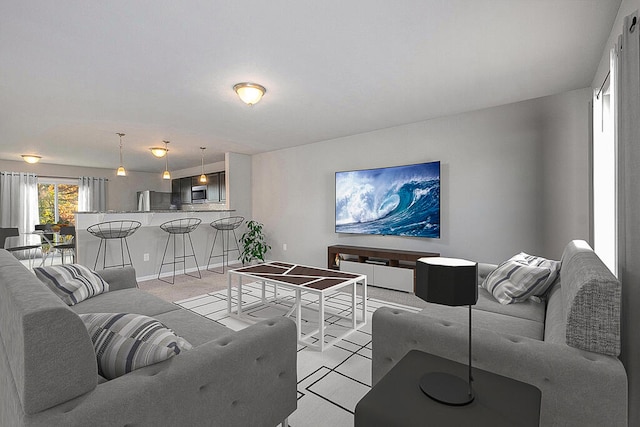 living room with light colored carpet