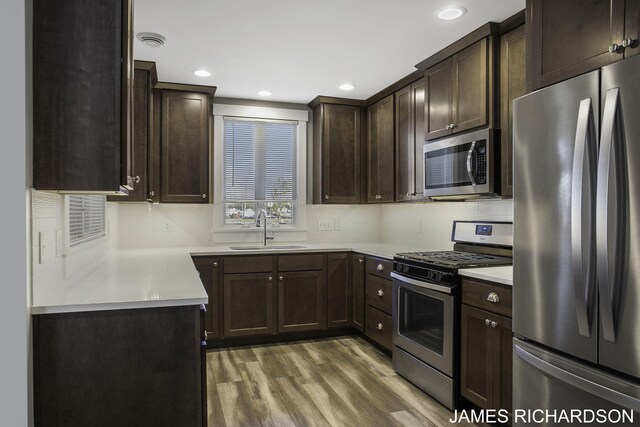 kitchen with dark brown cabinets, stainless steel appliances, hardwood / wood-style flooring, and sink