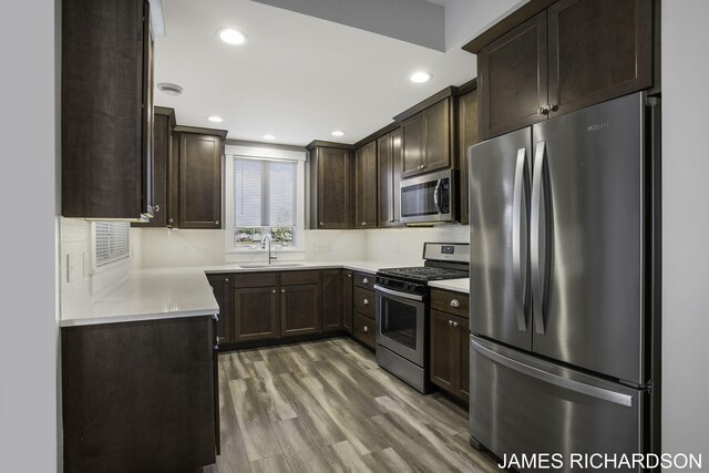 kitchen featuring dark brown cabinets, stainless steel appliances, hardwood / wood-style floors, and sink