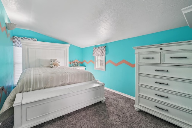 carpeted bedroom featuring a textured ceiling and vaulted ceiling