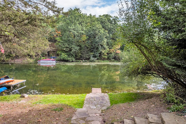 view of yard with a boat dock and a water view