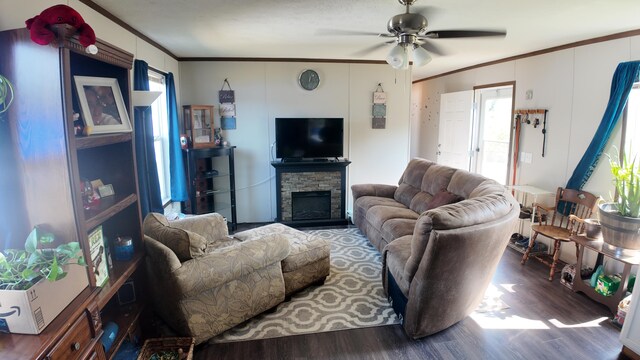 living room featuring wood-type flooring, ceiling fan, a fireplace, and crown molding