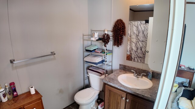 bathroom with vanity, toilet, and a shower with shower curtain