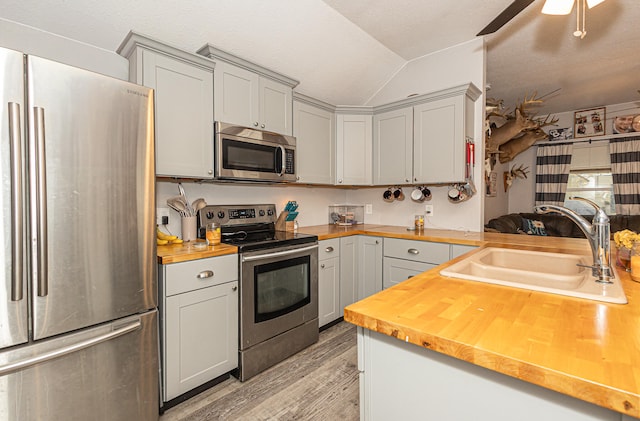 kitchen with gray cabinetry, stainless steel appliances, lofted ceiling, wood counters, and sink