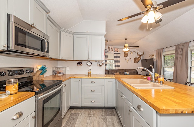 kitchen featuring ceiling fan, butcher block countertops, and stainless steel appliances