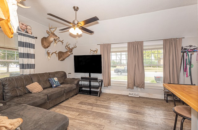 living room featuring ceiling fan, lofted ceiling, and wood-type flooring