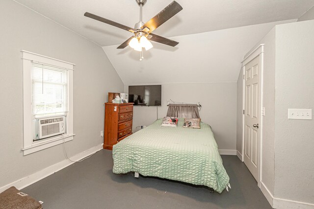 bedroom featuring ceiling fan and vaulted ceiling