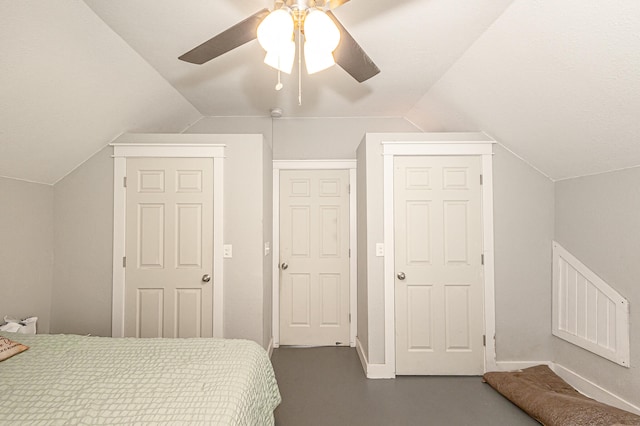 bedroom featuring lofted ceiling and ceiling fan