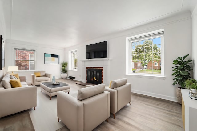 living room with light wood-type flooring, a fireplace, and ornamental molding