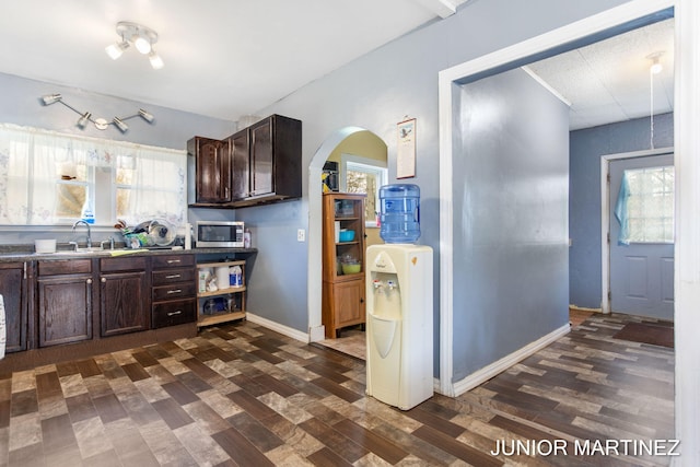 kitchen with dark brown cabinetry, dark hardwood / wood-style floors, and sink