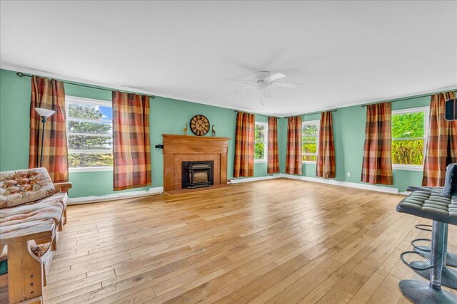 living room featuring ceiling fan and light wood-type flooring