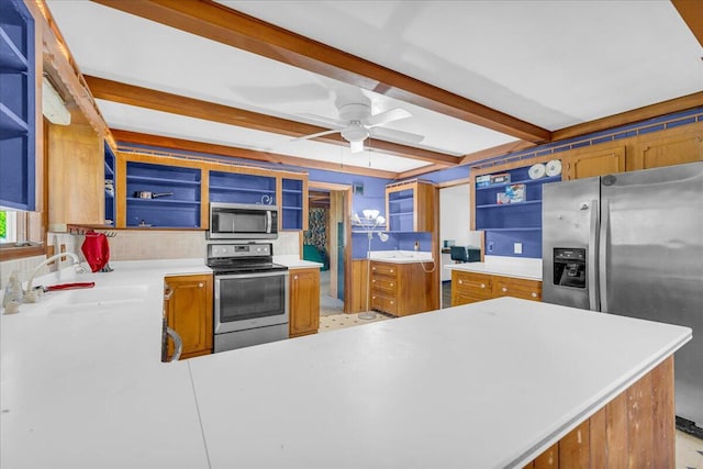 kitchen featuring ceiling fan, beam ceiling, sink, kitchen peninsula, and appliances with stainless steel finishes