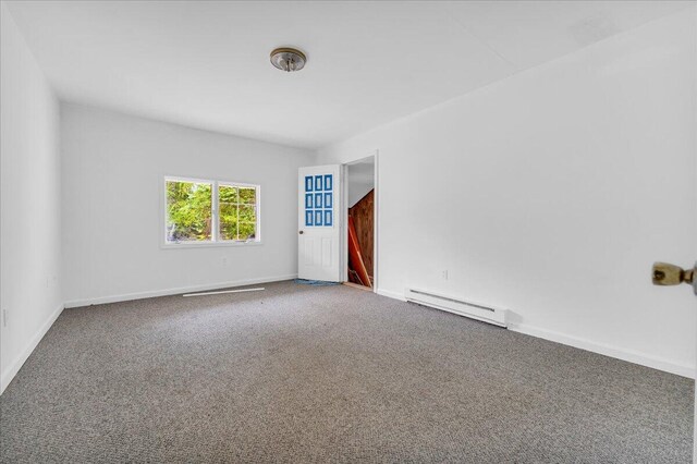 carpeted spare room with a baseboard radiator