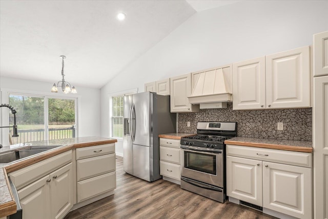 kitchen featuring sink, an inviting chandelier, stainless steel appliances, hardwood / wood-style floors, and premium range hood