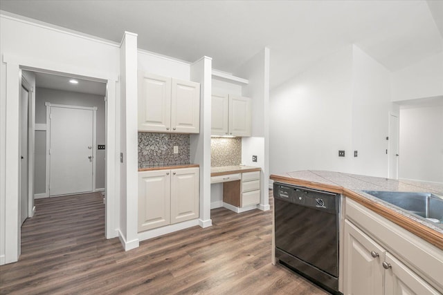 kitchen with tile counters, black dishwasher, dark hardwood / wood-style flooring, and decorative backsplash