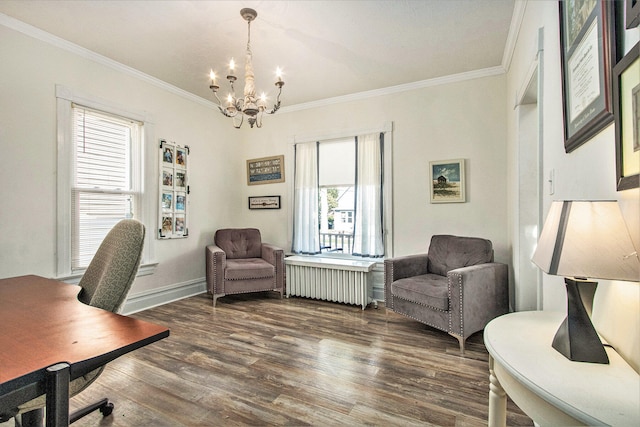 office space featuring radiator heating unit, a wealth of natural light, an inviting chandelier, and dark wood-type flooring