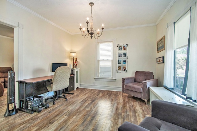 home office featuring ornamental molding, hardwood / wood-style flooring, and a chandelier