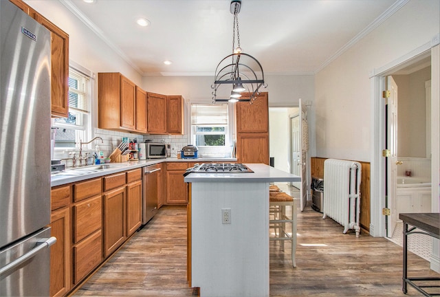 kitchen featuring decorative light fixtures, stainless steel appliances, hardwood / wood-style floors, and a center island