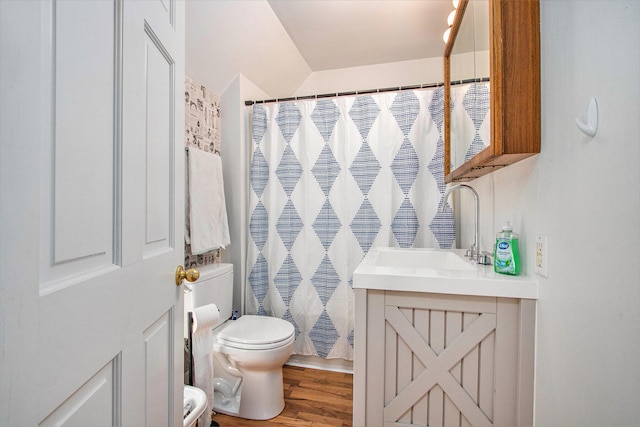 bathroom featuring curtained shower, hardwood / wood-style floors, vanity, and toilet