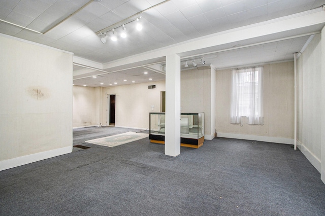 basement with dark carpet and track lighting