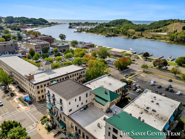 aerial view featuring a water view