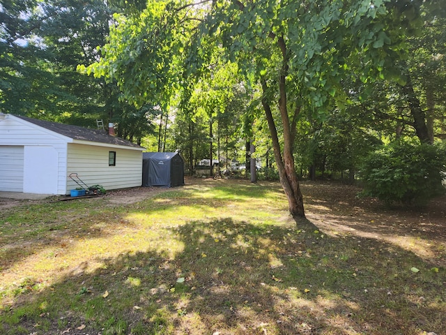 view of yard featuring a storage unit