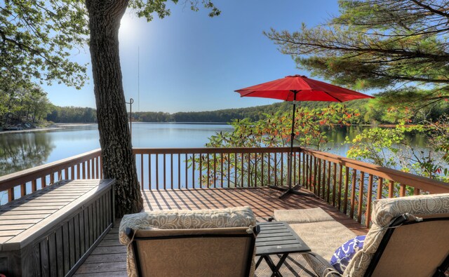 wooden deck with a water view