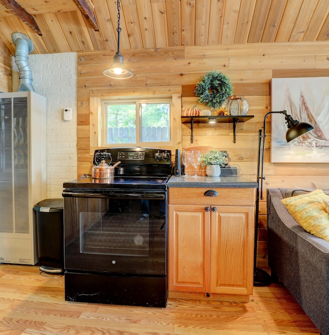 kitchen featuring wooden ceiling, electric range, light wood-type flooring, and decorative light fixtures