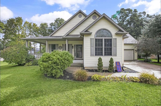 view of front of property featuring a front lawn, covered porch, and a garage