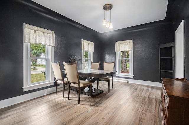 dining room featuring a notable chandelier, light hardwood / wood-style floors, and plenty of natural light