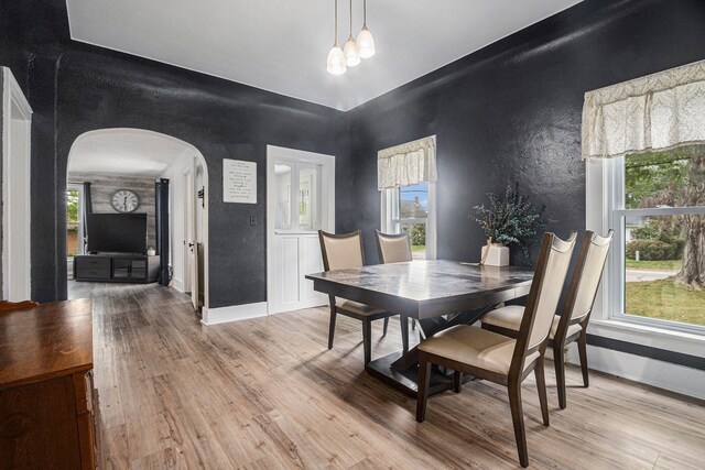 dining area with an inviting chandelier and hardwood / wood-style flooring