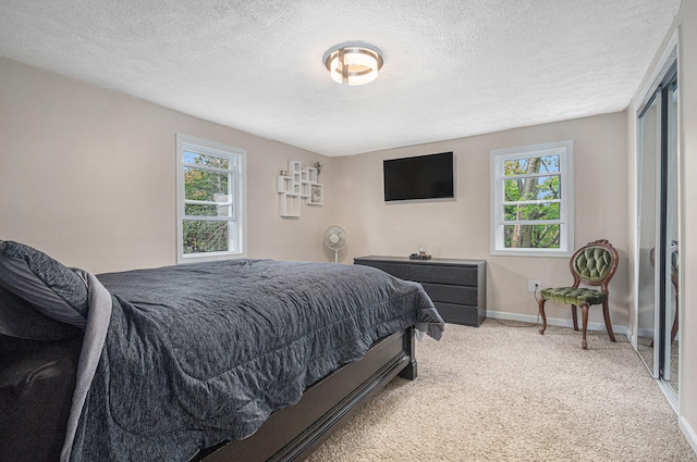 bedroom featuring carpet, multiple windows, and a textured ceiling