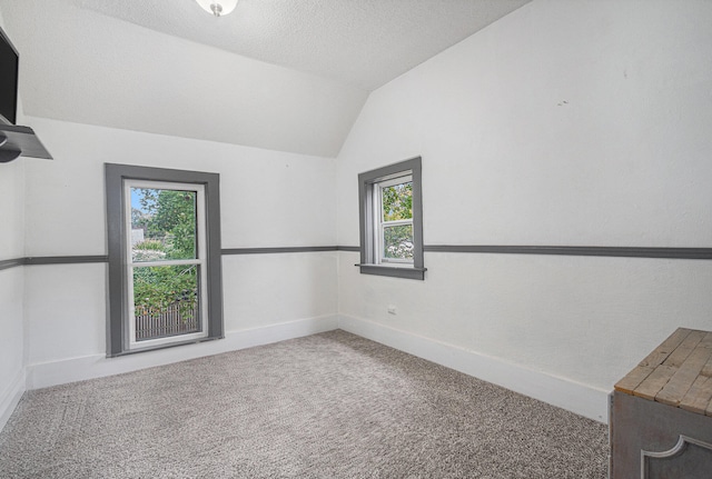 empty room with a wealth of natural light, vaulted ceiling, and carpet flooring