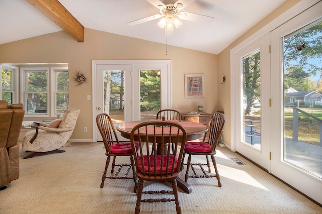 carpeted dining room with lofted ceiling with beams and ceiling fan