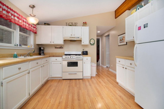 kitchen featuring white cabinets, hanging light fixtures, white appliances, and lofted ceiling with beams