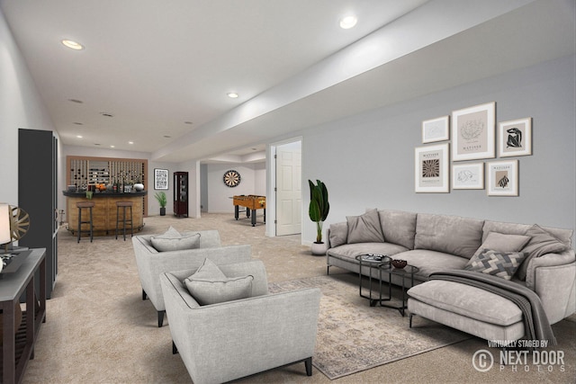 living room with bar and carpet floors