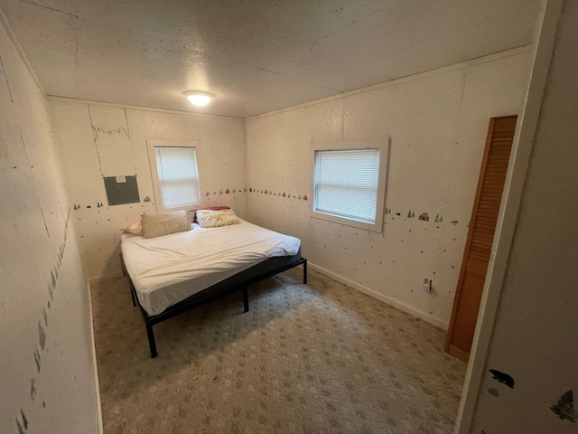 bedroom with carpet floors, a textured ceiling, and multiple windows