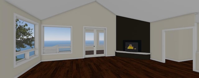 unfurnished living room with a water view, plenty of natural light, vaulted ceiling, and dark hardwood / wood-style flooring