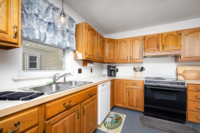 kitchen with white dishwasher, a textured ceiling, decorative light fixtures, black electric range oven, and sink