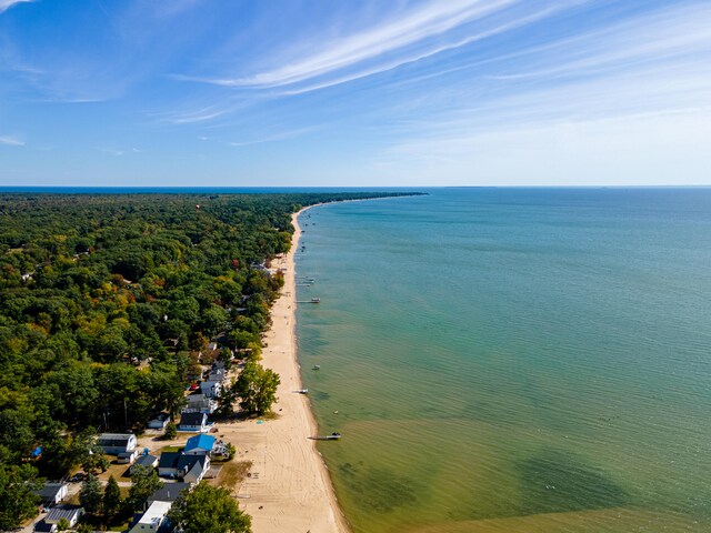 drone / aerial view featuring a beach view and a water view