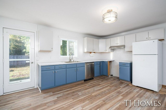 kitchen featuring white cabinets, white fridge, light hardwood / wood-style flooring, stainless steel dishwasher, and sink