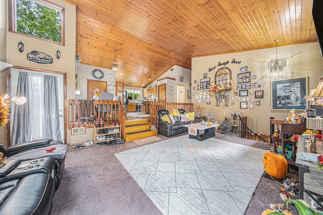 living room with carpet and wooden ceiling