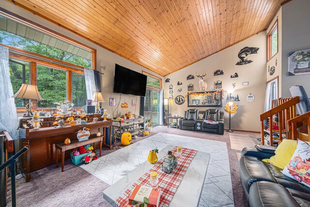 carpeted living room featuring wood ceiling and high vaulted ceiling