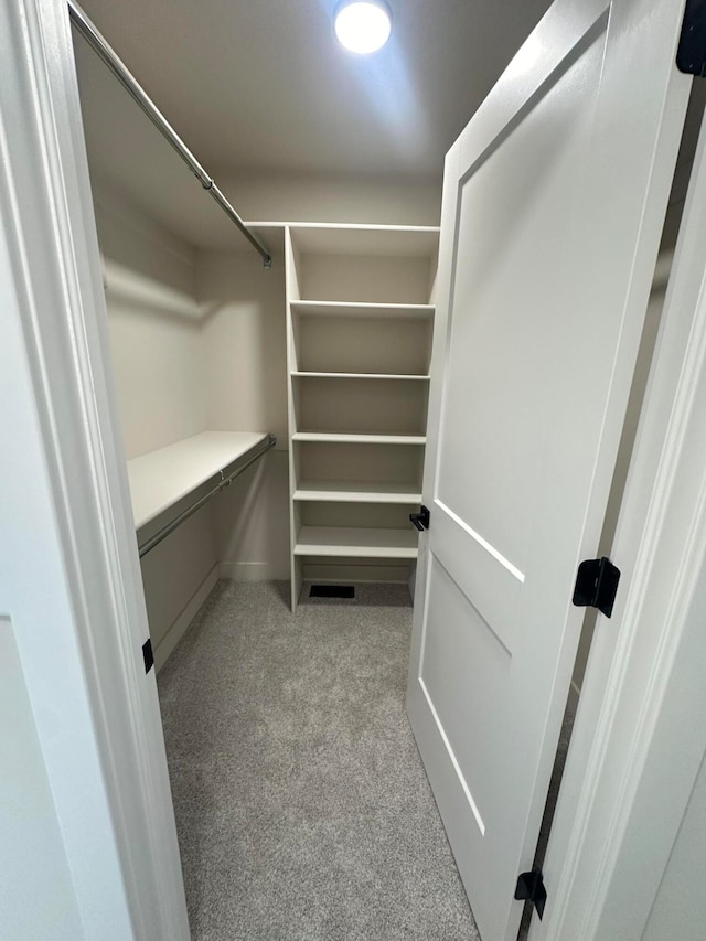 walk in closet featuring light carpet