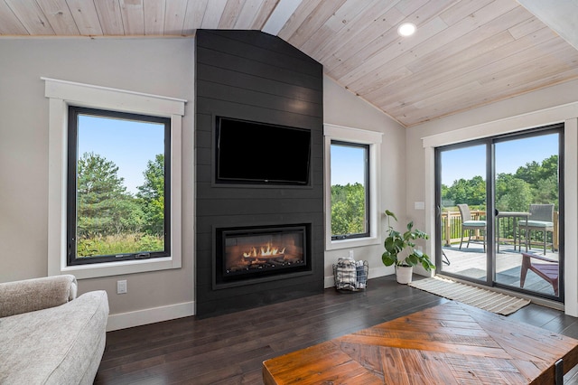 unfurnished living room with a fireplace, dark hardwood / wood-style flooring, lofted ceiling, and a healthy amount of sunlight