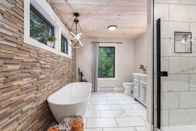 full bathroom with vanity, wood ceiling, baseboard heating, shower with separate bathtub, and toilet