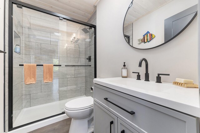 bathroom featuring vanity, wooden ceiling, wood-type flooring, a shower with door, and toilet