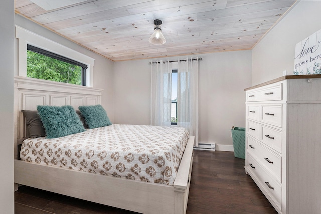 bedroom featuring wood ceiling, baseboard heating, and dark wood-type flooring